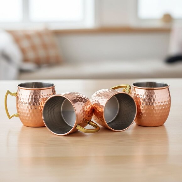 Copper Moscow Mule Mug Set - Hammered Finish 4-Piece Bar Decor Drink Cocktail - Picture 1 of 11